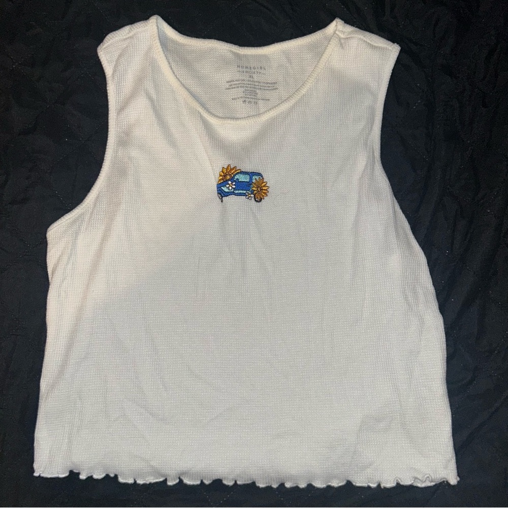 White Waffle Knit Tank Top with Cute Embroidered Car